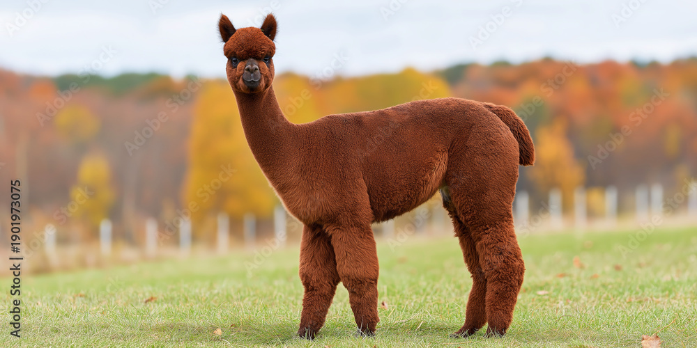 Fototapeta premium Young alpaca standing calmly in natural autumn pasture, looking at camera with curious expression, enjoying outdoor environment