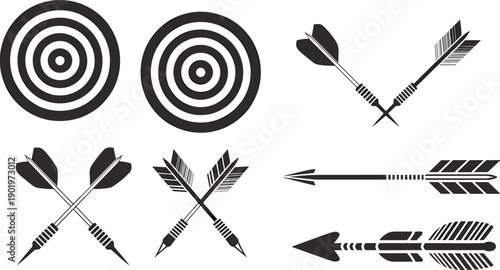 Large Set of Black and White Archery Targets and Crossed Arrows Illustrations Featuring Bullseye Boards and Darts for Competitive Sports Goal Setting and Success Design