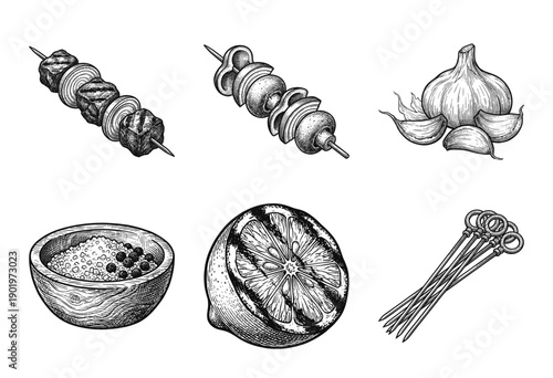 Vintage hand drawn engraving of barbecue kebabs with garlic citrus and seasoning bowl set.