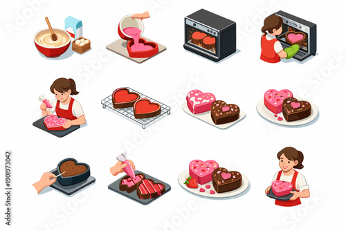 Heart-shaped cakes baking and decorating process