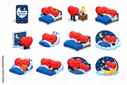 Heart-shaped characters bedtime activities cartoon set