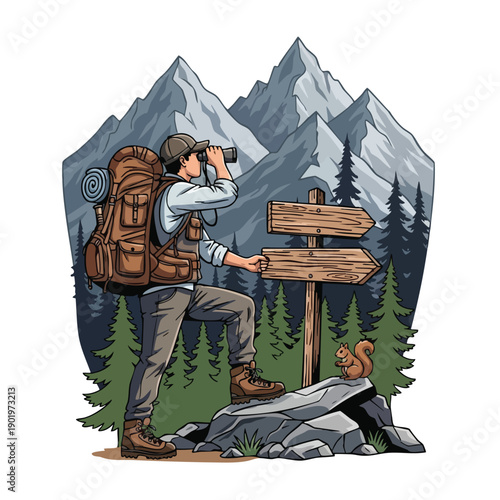 Hiker with backpack and binoculars at a crossroads in the mountains.