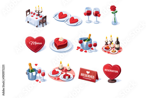 Romantic dining elements illustrations set