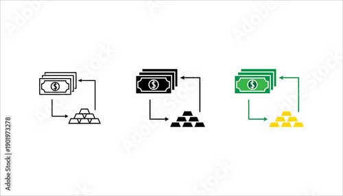 Minimal icon set. showing cash flow converting into gold bars for investment concept.