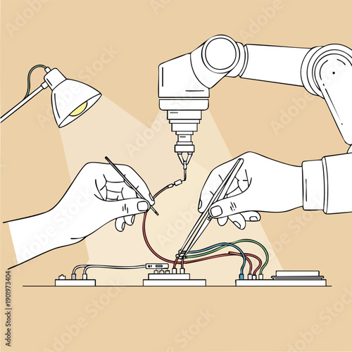 Human and Robotic Hands Collaborating on Electronic Circuit Assembly.