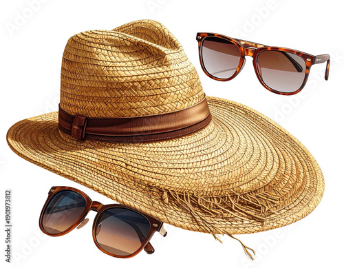 A straw hat with sunglasses, ready for sun, with brown accents
