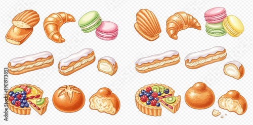 Delicious collection of French pastries and baked goods, including croissants, macarons, madeleines, eclairs, fruit tarts, and brioche, isolated on a transparent background.