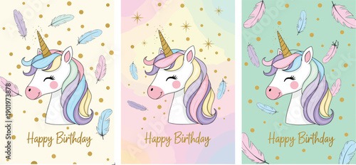 Cute unicorn birthday card templates with pastel rainbow hair feathers and confetti isolated decorative vector illustration set