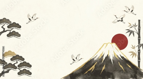 Mount fuji silhouette at sunset with flying cranes japanese landscape design traditional art minimalist style serene atmosphere scenic view nature illustration