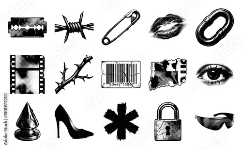 Grungy Halftone Cyber-Punk Graphic Elements Asset Sheet for Y2K Streetwear and Distressed Media Design