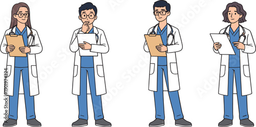 Medical doctor characters set holding clipboard and documents isolated on white background healthcare hospital cartoon vector illustration