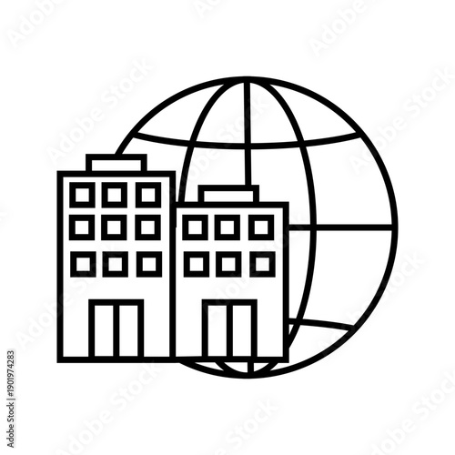Outline icon of office buildings with globe symbol representing international business and corporate network.
