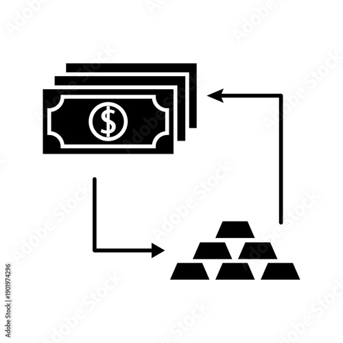 Minimal icon showing cash flow converting into gold bars for investment concept.