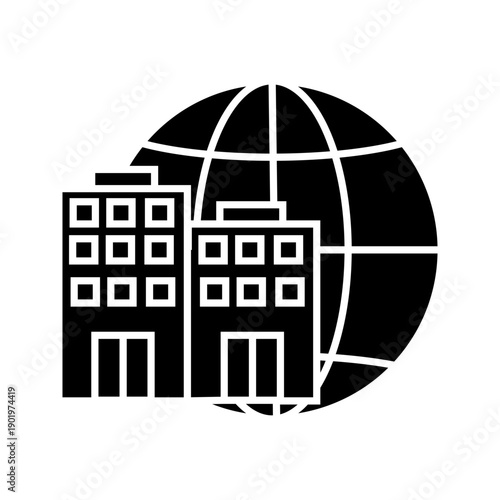 Outline icon of office buildings with globe symbol representing international business and corporate network.