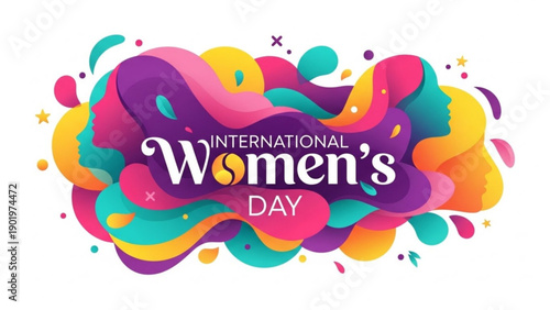 Vibrant international women's day graphic with colorful abstract shapes and text on white background celebrating equality and empowerment