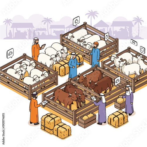 Isometric illustration of a bustling livestock market with men and animals.