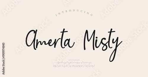 Amerta Misy, Script alphabet letters font logo. Typography luxury classic lettering serif italic fonts decorative wedding vintage retro logos. vector illustration

