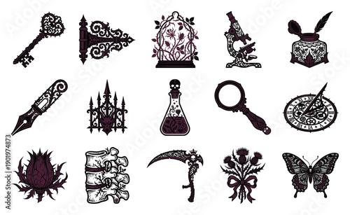 Ornate Dark Academia Engraving Element Kit for Gothic Scrapbooking and Alchemical Graphic Design