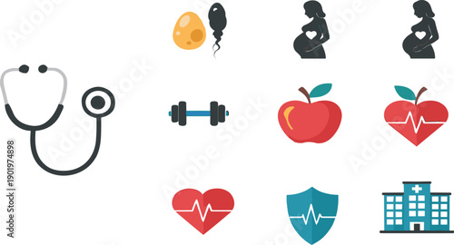 Maternal Health and Wellness Icon Set with Pregnancy, Fertility, Heart Care, Nutrition, Fitness, Hospital, and Medical Monitoring Symbols