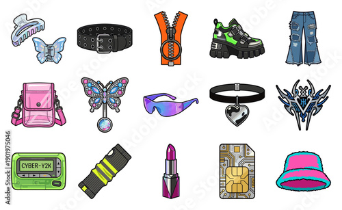 Cybercore Y2K Aesthetic Vector Illustration Element Kit for Retro Futuristic Digital Design and Gen-Z Fashion Graphics