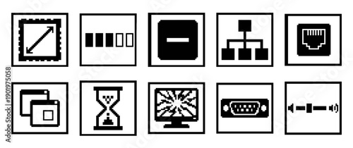 Pixel Art Computer Interface Symbol Asset Sheet for Retro Hardware and Software Utility Design