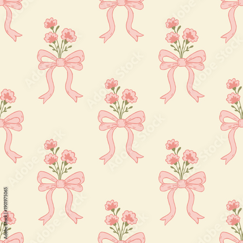 Seamless floral bow pattern with pink ribbon and small flowers on cream background, cute hand drawn decorative repeat illustration for fabric wallpaper wrapping.