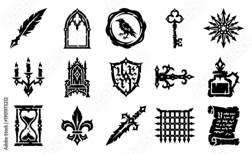 Gothic Woodcut Dark Fantasy Graphic Elements Asset Sheet for Tabletop Gaming and Branding