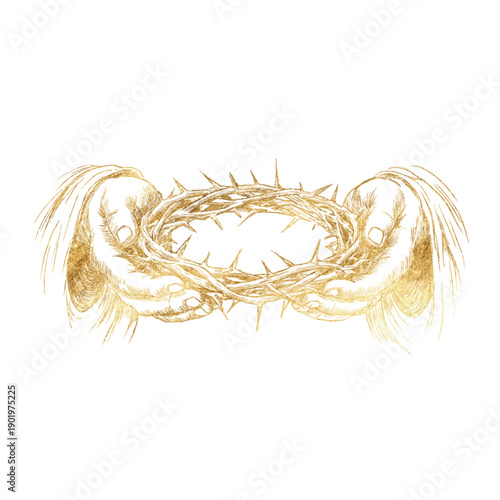 Hands holding crown of thorns hand drawn pencil illustration showing two human hands presenting a thorn crown. Powerful Christian symbol of sacrifice, suffering, redemption, faith. Biblical. Vector