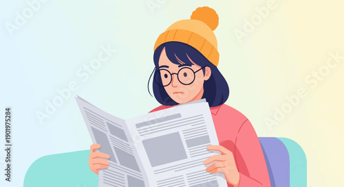 Cartoon woman with glasses and beanie reads a newspaper