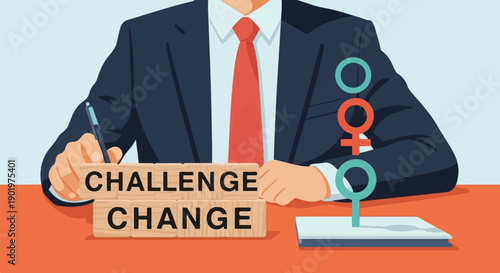 Businessman writing "CHALLENGE CHANGE" on blocks, with gender symbols