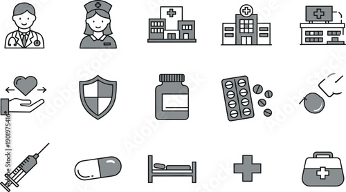 Medical and Healthcare Icon Set with Doctors, Nurses, Hospitals, Medicine, Protection, Treatment, Patient Care, and Clinical Service Symbols