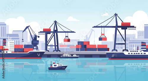 Bustling harbor with cargo ships, cranes, and containers under a cloudy sky