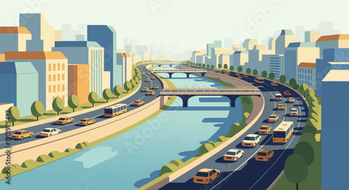 Busy city highway alongside a river with multiple bridges and flowing traffic