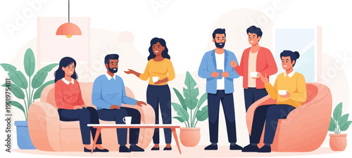 Casual gathering of diverse individuals enjoying conversation and beverages