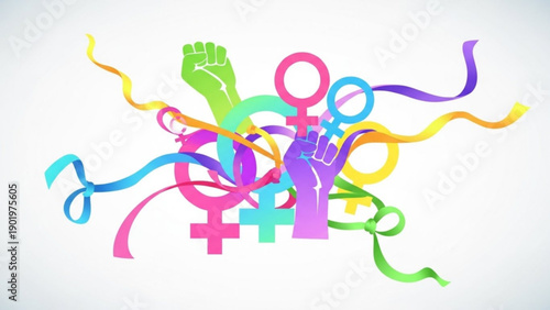 Vibrant feminist symbols and colorful ribbons celebrate equality and empowerment on white background