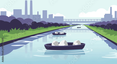 Boats with eggs float on a tranquil canal with industrial skyline backdrop