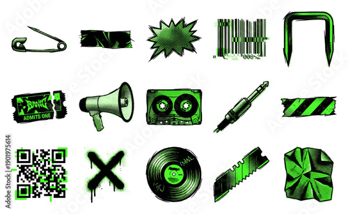 Grungy Halftone Punk Rock Asset Sheet for DIY Underground Music Branding