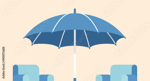 Blue umbrella covers two chairs on a pale background