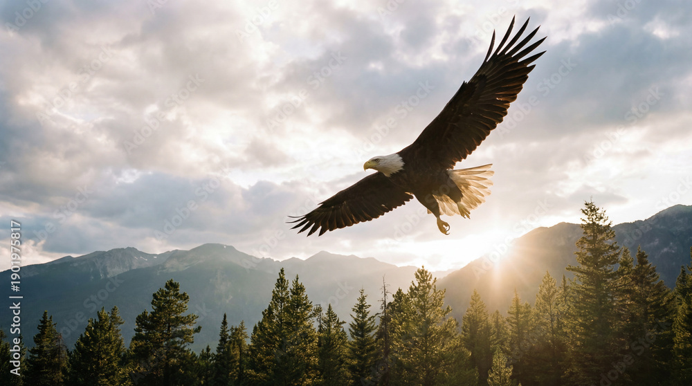 Fototapeta premium Bald Eagle Flying Over Forest At Sunset With Lens Flare