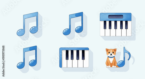 Blue musical notes and keyboards with a cute corgi dog companion