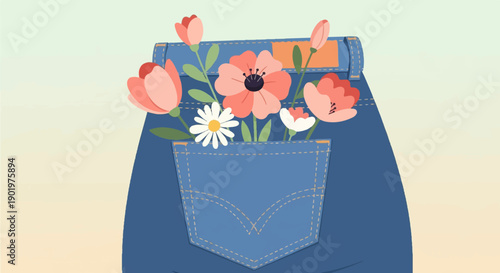 Blue denim jeans pocket filled with colorful spring flowers and buds
