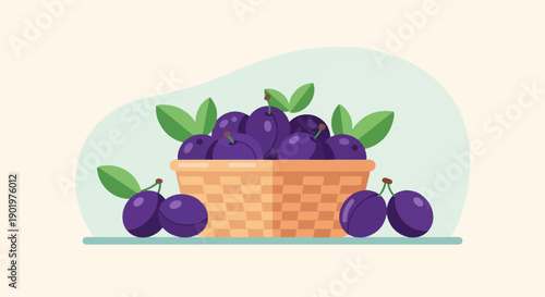 Basket of ripe purple plums with green leaves on a light background