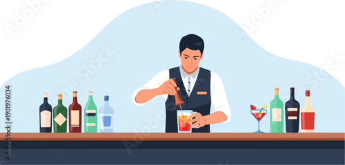 Bartender preparing cocktail behind bar with assorted bottles and drinks