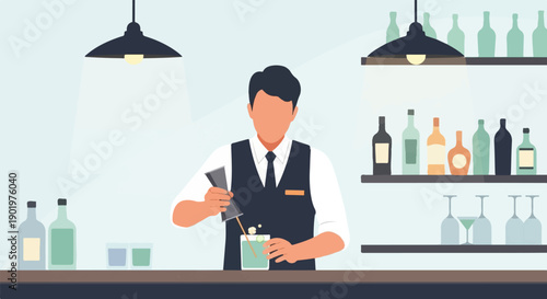 Bartender preparing a drink behind a counter with bottles and glassware