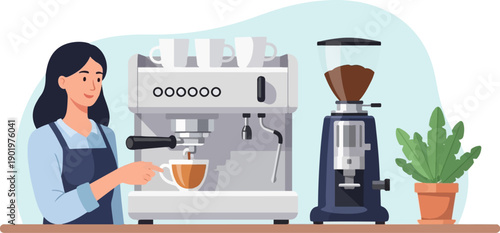 Barista preparing coffee with machine, grinder, and plant