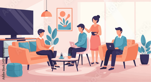 Casual group working on laptops and reading in a cozy living room