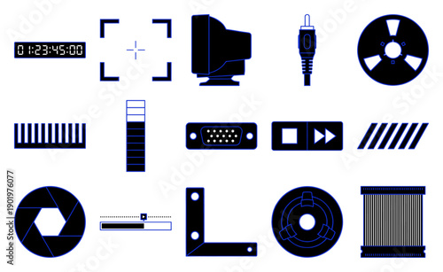 Minimalist Analog Video Production Icon Collection for Retro Media Broadcasting and Cinematic Post-Production Asset Sheet