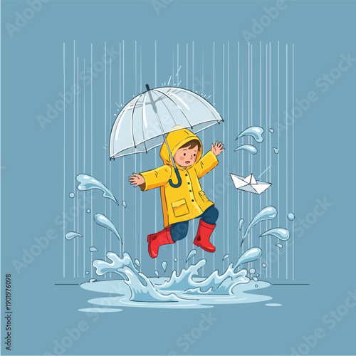 Joyful child in yellow raincoat jumping in puddles with umbrella.