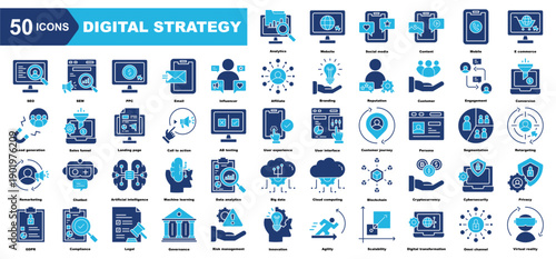 digital strategy icon collection set.Analytics,Website,Social media,Content,Mobile,E commerce,SEO.Simple vector illustration.