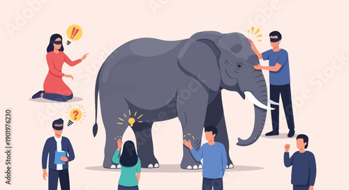 Blindfolded people interact with an elephant, gaining different perspectives